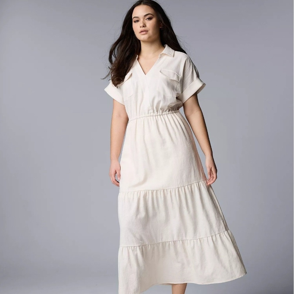 Simply Vera Wang Coastal Cowgirl Linen Blend Midi Dress 1X Party Resort Vaca